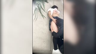 Cute girl sucking her boyfriend's dick outside and catching his hot sperm. - 7 image