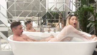 A toilet bitch swallows and impales her mini ass on a big dick