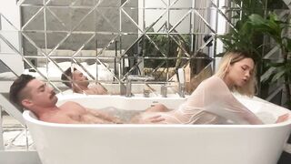 A toilet bitch swallows and impales her mini ass on a big dick