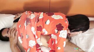 Brunette Japanese girl Hana Kawamura is sucking a hard cocks before having sex with two guys.