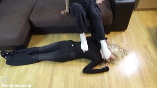 Asian young mistress Joleen enjoy train her blond lesbo sub to sniff her stinky socks.