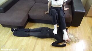Asian young mistress Joleen enjoy train her blond lesbo sub to sniff her stinky socks.