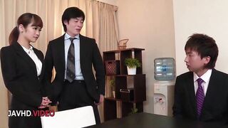 Wild Asian Anju Akane strips nude fucking two guys hard at her workplace