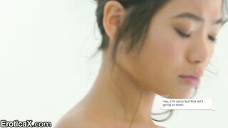 Watch this cute Asian teen get back on her feet with a sloppy blowjob and a hot spit