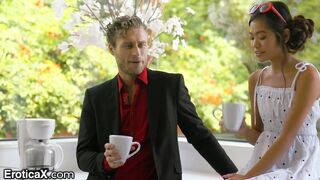 Watch this cute Asian teen get back on her feet with a sloppy blowjob and a hot spit