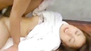 Japanese babe gets her pussy and face pounded hard and takes a hot load on her feet