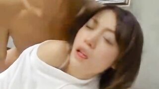 Japanese babe gets her pussy and face pounded hard and takes a hot load on her feet