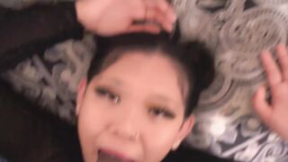 Watch this curvy submissive Asian babe take a deep throat pounding and a hard cock in her face