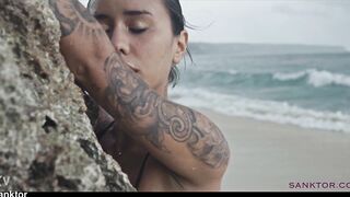 Skinny Asian Babe Masturbates on Public Beach & Sucks like a Pro