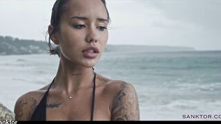 Skinny Asian Babe Masturbates on Public Beach & Sucks like a Pro
