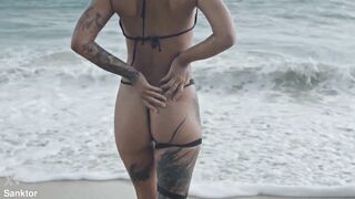 Skinny Asian Babe MSturbates on the Public Beach with Natural Tits & Heels