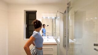 Sexy Asian cosplayer flaunts her panties before stripping down and taking them off in the bathroom - 14 image