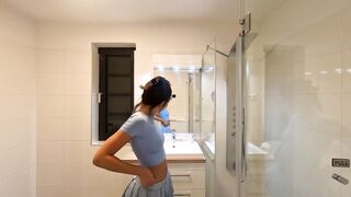 Sexy Asian cosplayer flaunts her panties before stripping down and taking them off in the bathroom