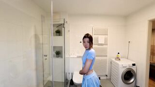 Sexy Asian cosplayer flaunts her panties before stripping down and taking them off in the bathroom