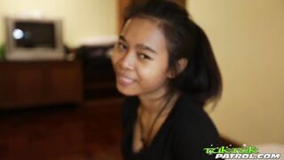 Petite Thai babe with hairy pussy gets her mouth and tight pussy stuffed with a big dong