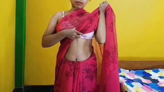 Hotwife in Sexy Rad Saree Fucks Her Hairy Pussy in Doggy Style by Her Hubby - 1 image