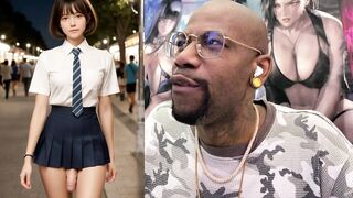 Petite Asian slut with a skinny body gets her tight ass drilled by a huge dick while kissing and jerking off to a cum-filled finish