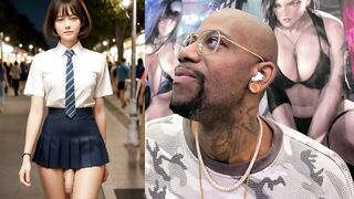 Petite Asian slut with a skinny body gets her tight ass drilled by a huge dick while kissing and jerking off to a cum-filled finish