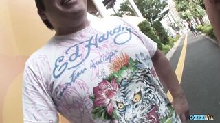 Naughty Asian babe in heels uses sex toy to reach orgasm while on the road