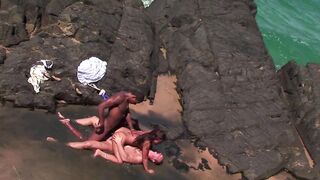 Jade Sin takes on two hung strangers at the beach & takes double loads