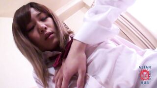 Rough Japanese college chick gets her creamy pussy spread wide open by a hard cock