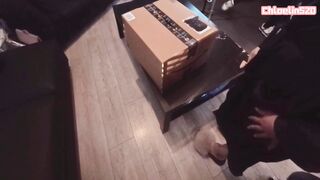 Sexy Asian wife unloads on a Courier while getting her pussy stuffed with toys
