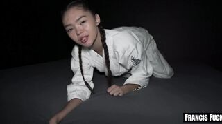 Watch this petite Asian teen go wild for rough deep throat & handjob action with a hung stud