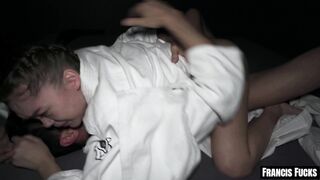 Watch this petite Asian teen go wild for rough deep throat & handjob action with a hung stud