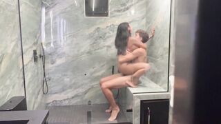 Voyeur stepparents spy on us in shower while I have steamy sex with a curvy Asian babe - Yasmina Khanth - 1 image