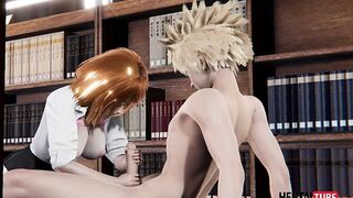 Watch Uraraka, the Japanese Asian cosplay babe, stroke and suck on Bakugou's hard cock in My Hero Academia Hentai