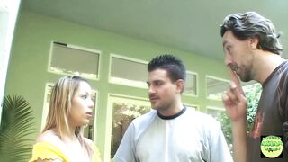 Blonde babe in threesome gets a facial and a deep throat from two guys - 2 image